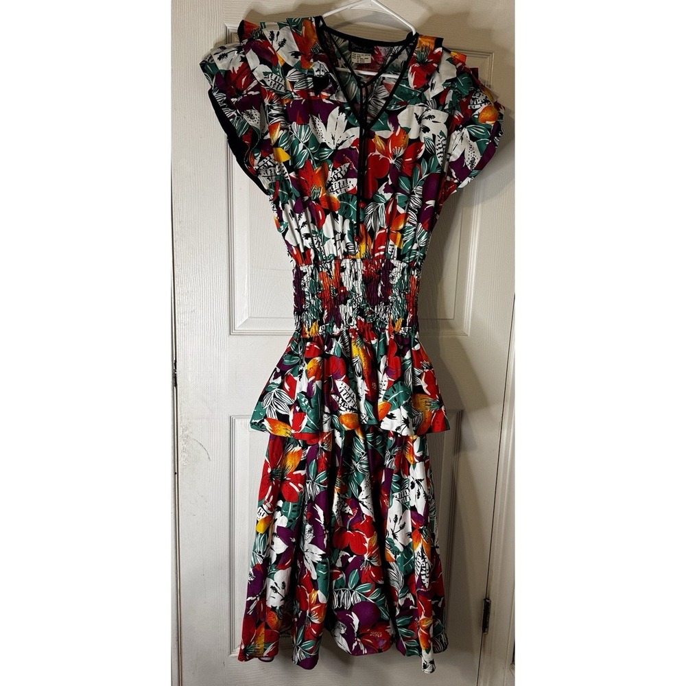 Vintage Diane Freis Original Floral Cotton Midi Dress Smocked Boho 80s Statement - Picture 2 of 5